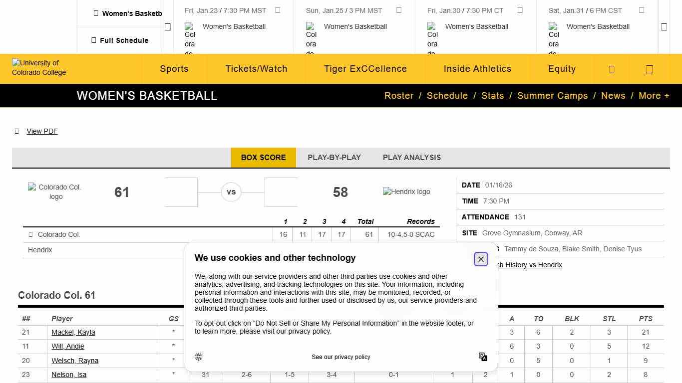Women's Basketball vs Hendrix College on 1/16/2026 - Box Score - Colorado College Athletics